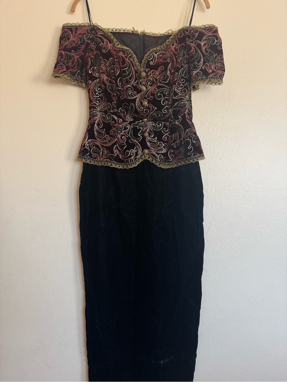 Jessica McClintock Black Velvet Pencil Skirt with Burgundy Embroidered Bodice